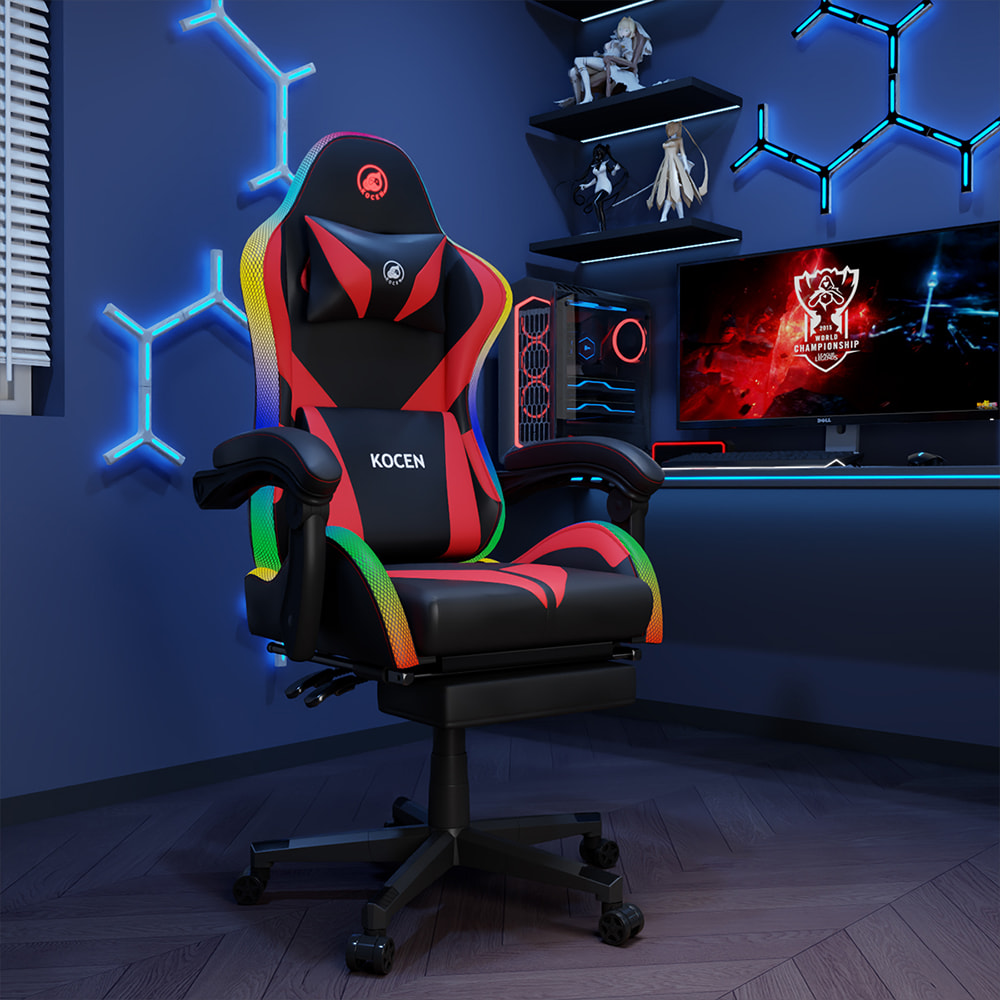 Spillestol i PU skinnstoff, esportsstol med justerbare RGB-lys i flere farger, USB-drevet, fjernkontroll