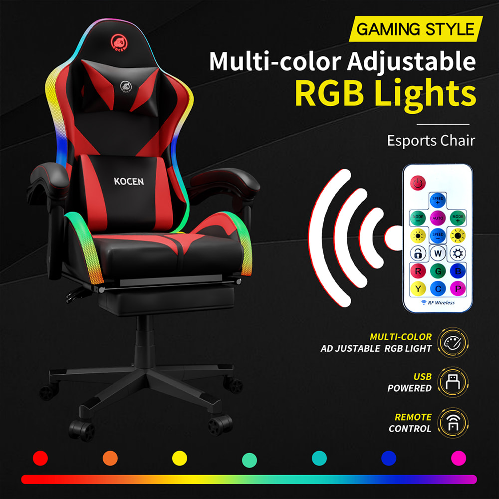 Spillestol i PU skinnstoff, esportsstol med justerbare RGB-lys i flere farger, USB-drevet, fjernkontroll Spillestol i PU skinnstoff, esportsstol med justerbare RGB-lys i flere farger, USB-drevet, fjernkontroll