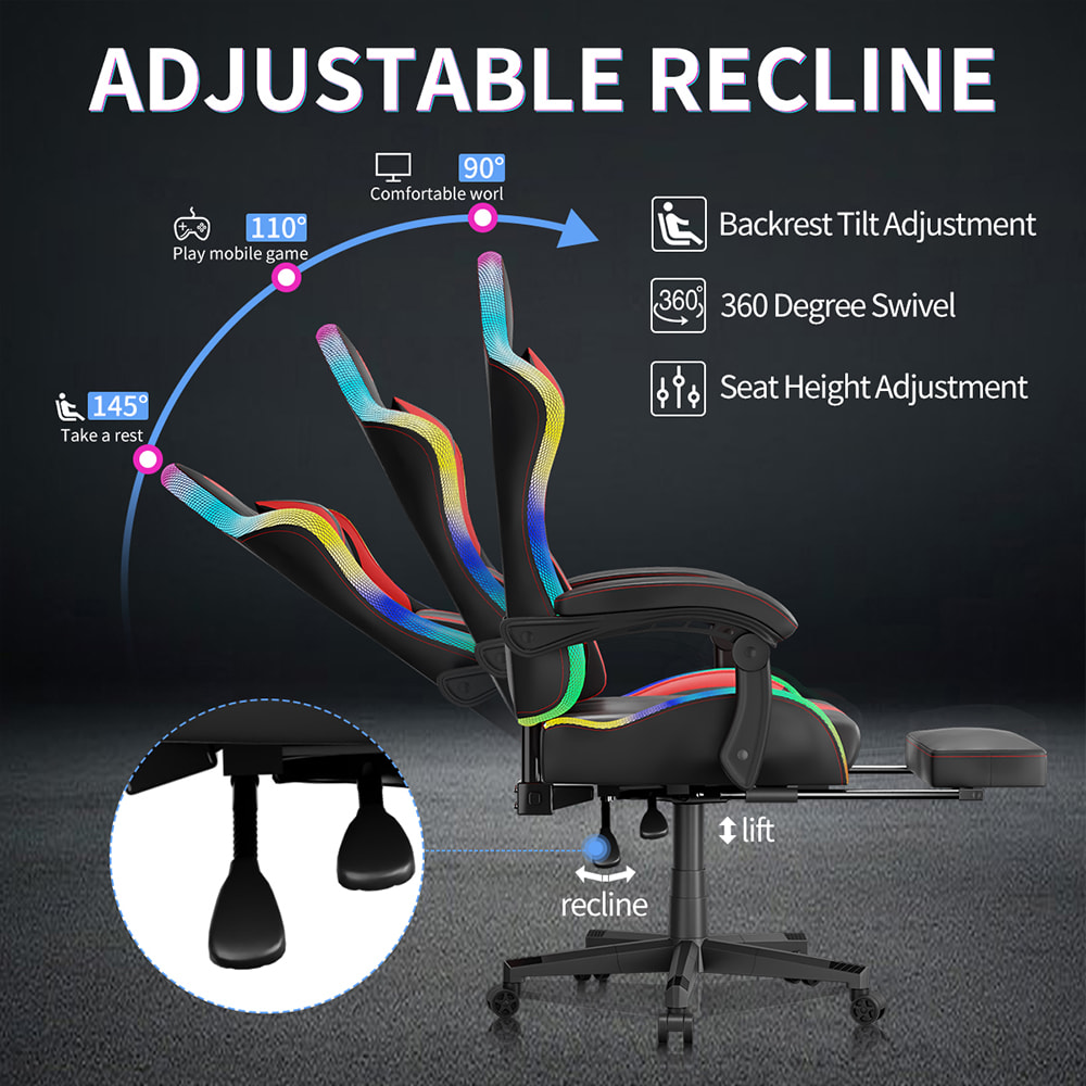 Spillestol i PU skinnstoff, esportsstol med justerbare RGB-lys i flere farger, USB-drevet, fjernkontroll Spillestol i PU skinnstoff, esportsstol med justerbare RGB-lys i flere farger, USB-drevet, fjernkontroll